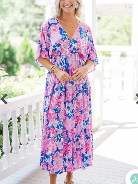 entro Dresses & Skirts - Entro Floral V-Neck Flutter Sleeve Maxi Dress Blue/Pink Size XL NWT